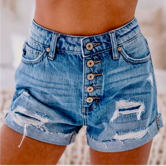 Kancan Porsha High Rise Button Fly Distressed Denim Shorts Medium Blue Sz 9/28 - Picture 1 of 9